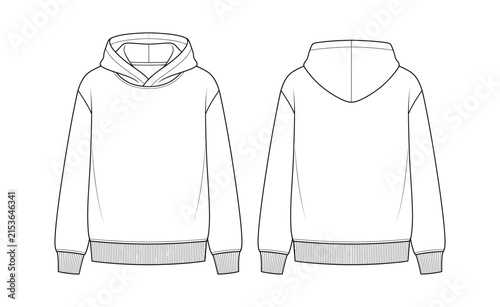 Hoodie technical sketch, fashion garment template for front and back views, clothing design, apparel development, tech packs and production