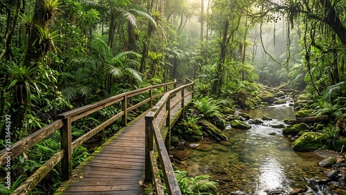 Wooden Walking Bridge Through Lush Green Woodland