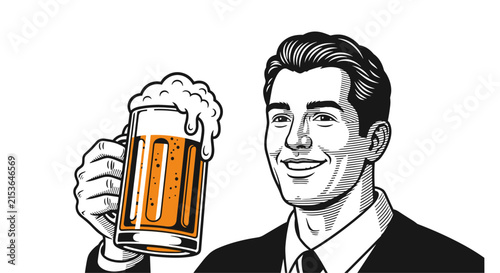 Retro style engraved illustration of a smiling man in a business suit raising a large foaming glass mug of craft beer.