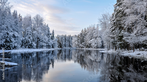 River landscape with snow and frostin Farnebofjarden national park in north of Sweden