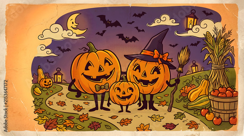 Vintage style halloween postcard with happy pumpkin family walking on path under bats and moon sky.