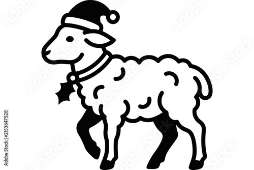 Minimalist vector icon of a cute sheep wearing a Christmas hat.