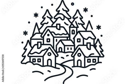 Minimalist winter village illustration with snow covered houses and pine trees.