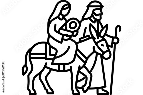 Nativity scene icon featuring Mary Joseph and baby Jesus riding a donkey.