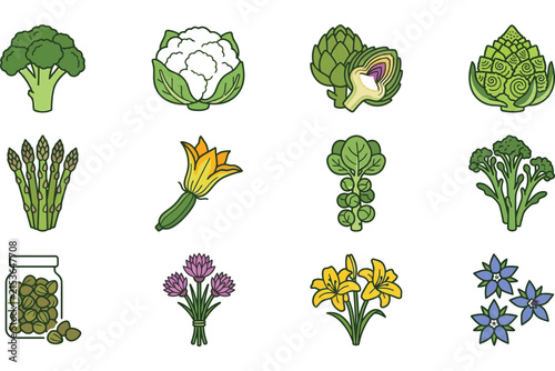 Set of colorful vegetable and edible flower icons.