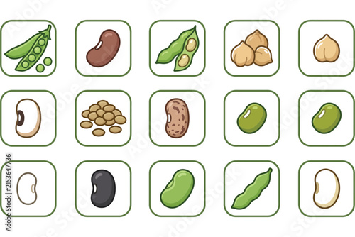 Set of Various Legumes and Beans Icons Illustration.