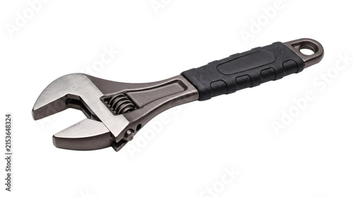 Foto Adjustable wrench with black rubber grip and metal isolated on png transparent b