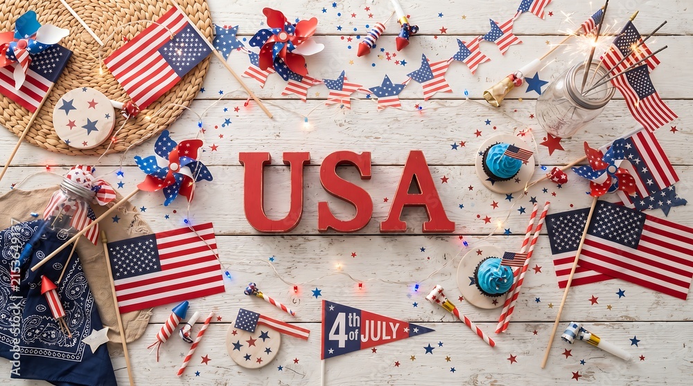 Fototapeta premium Red white and blue usa letters surrounded by american flags and patriotic decorations on a rustic wooden background