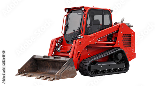 Bild auf Leinwand Bright red compact track loader with wide bucket isolated on png transparent bac