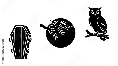 Black and white coffin, tree roots, and owl icon set