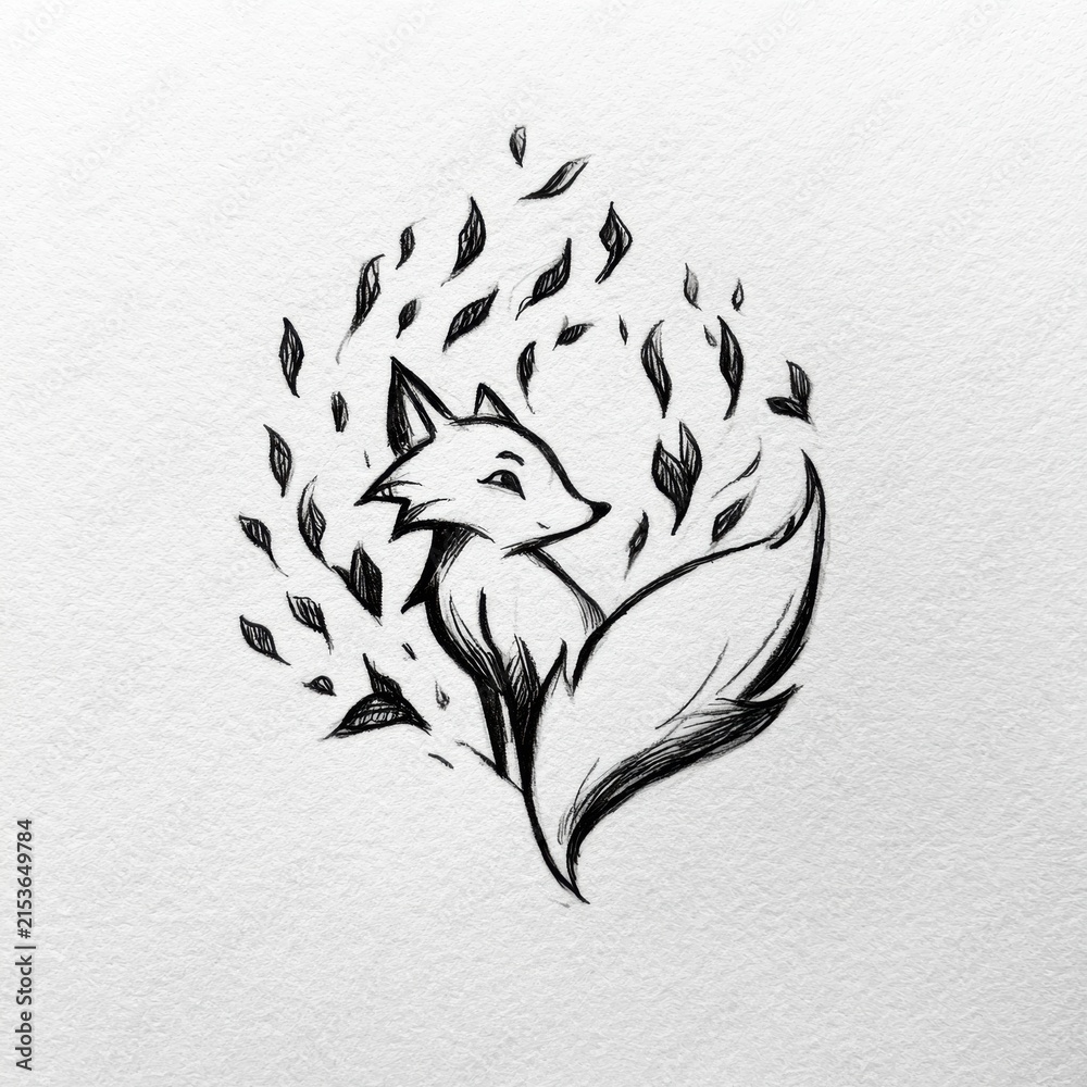 Naklejka premium A hand-drawn fox sketch is placed among leaf doodles on a white background, showing a simple and artistic design that captures nature.