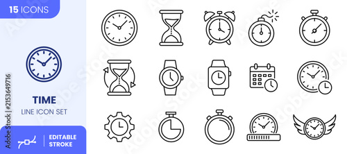 Time Line Icon Set, Clock and Chronometer Symbols Vector Illustration with Editable Stroke