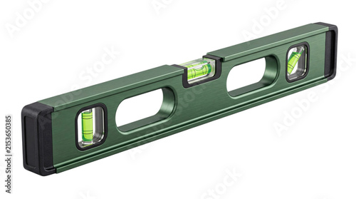 Obraz na płótnie Green aluminum spirit level with three vials and isolated on png transparent bac