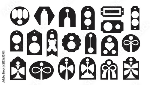 Collection of diverse black silhouette tags and labels with varied shapes and designs on a white background a graphic element