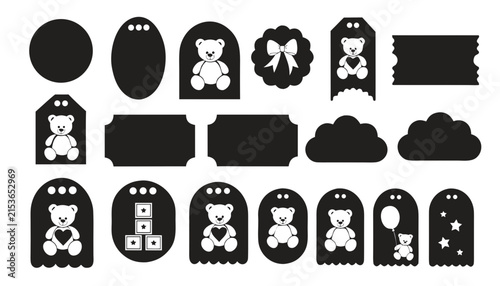 Collection of playful black silhouette gift tags with teddy bears and stars for baby showers and birtays
