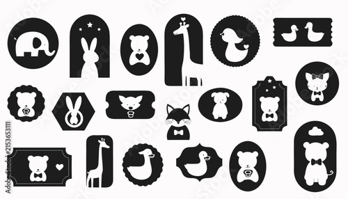 Cute animal silhouette collection for baby shower invitations and nursery decor with simple shapes