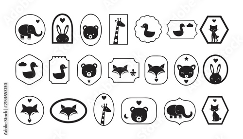 Cute baby animal icons in simple graphic frames on white background with hearts and stars