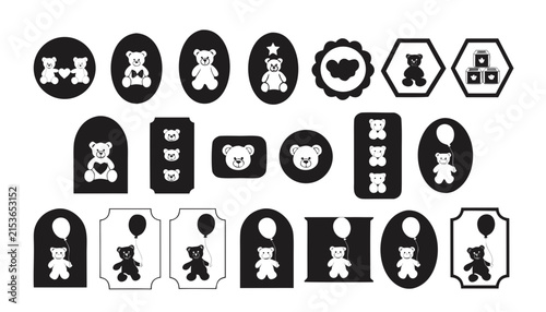 Cute teddy bear icons with hearts and stars for baby shower invitations and nursery decor