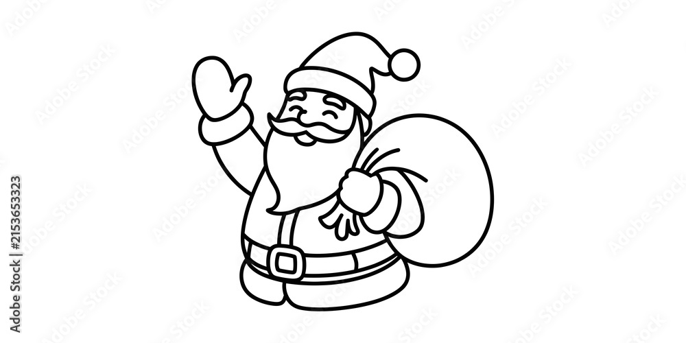 Obraz premium Happy santa claus waving hand and holding a gift bag in a simple line art drawing