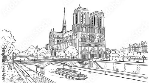 Dame Paris Facing Hand Drawn Monochrome Engraving Sketch Illustration of French Gothic Architecture River Seine Arch Bridges and Tour Boat Vector Landscape