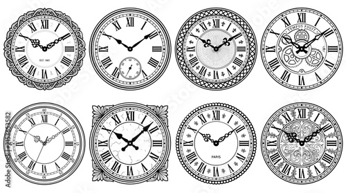 Vintage Clock Face Collection Featuring Eight Detailed Monochrome Roman Numeral Dials with Ornate Borders Filigree Hands Mechanical Gears and Square Pocket Watch Framing Vector Set