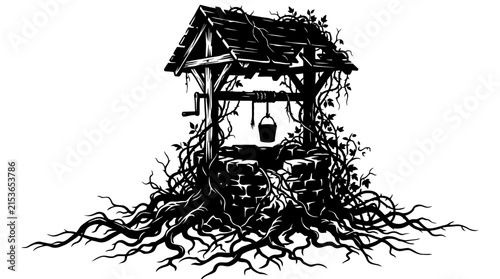 Spooky old wishing well vector illustration, creepy abandoned water well with overgrown roots and vines, gothic fantasy graphic design element