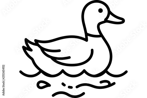 Simple line art icon of a duck swimming in water.