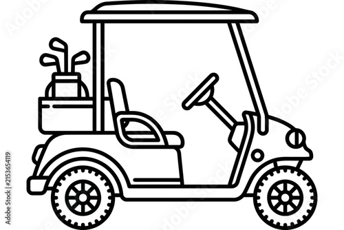Simple line art illustration of a golf cart with a golf bag.