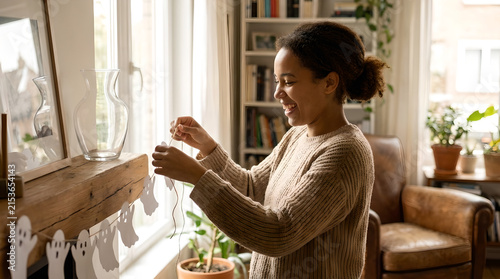 Smiling African American woman hanging Halloween ghost paper cutouts decorations at window screen home