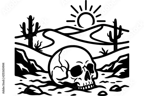 Stylized black and white illustration of a human skull resting in the desert.