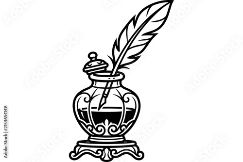 Vintage Inkwell with Feather Quill Pen Line Art Illustration.