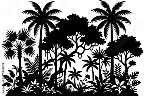 Tropical jungle forest silhouette with various exotic trees and palm leaves.