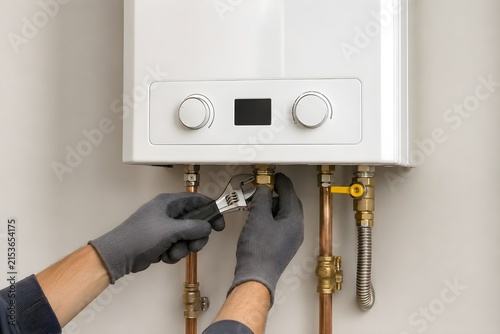 Professional Tankless Water Heater Repair Technician Using Adjustable Pipe Wrench During gas Water Heater Installation Residential Plumbing Service Maintenance Repair Modern Home Utility Room