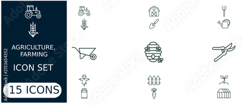 Agriculture and farming set featuring fifteen linear symbols including a tractor, barn, wheat, shovel, wheelbarrow, and beehive