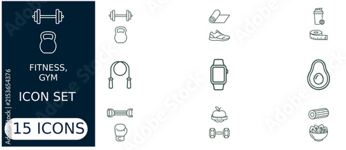 Fitness and gym set featuring dumbbell, kettlebell, yoga mat, running shoe, protein shaker, measuring tape, jump rope, and smartwatch