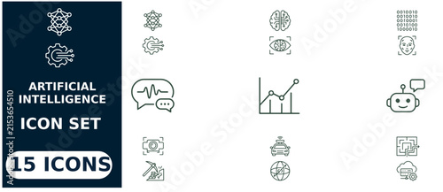 Artificial intelligence set containing fifteen linear symbols representing machine learning, neural networks, and robotics