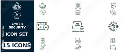 Cyber security set featuring fifteen linear symbols including padlocks, firewalls, fingerprints, servers, and data protection