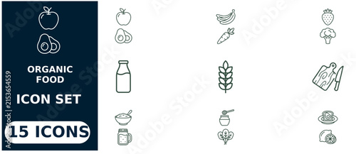 Organic food set featuring fifteen linear outline symbols representing healthy nutrition, fresh produce, dairy, and culinary ingredients