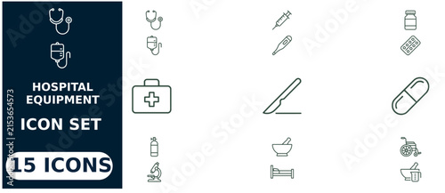 Hospital equipment set featuring stethoscope, iv drip, syringe, thermometer, medicine bottle, pill blister, first aid kit, and scalpel