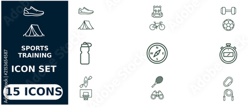 Comprehensive set of fifteen sports and training featuring fitness equipment, outdoor gear, and athletic activity symbols for