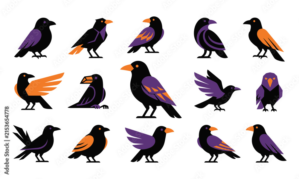 Obraz premium Happy Halloween Colorful cartoon crows in different poses and styles isolated Vector