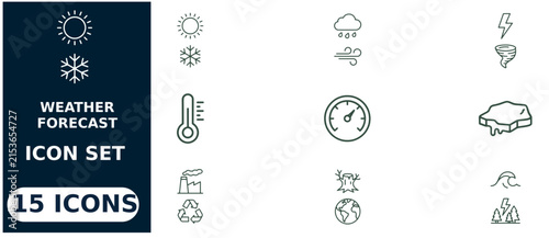 Weather forecast set featuring fifteen linear symbols including sun, snowflake, rain cloud, thermometer, wind, tornado, and global climate