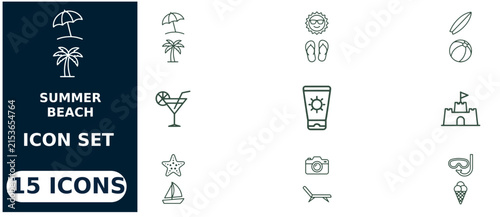Summer beach set featuring fifteen linear symbols of vacation activities, tropical and seaside leisure equipment for holidays