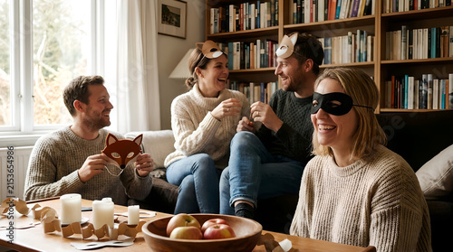 Friends laughing together during a cozy indoor autumn party while wearing playful masks.