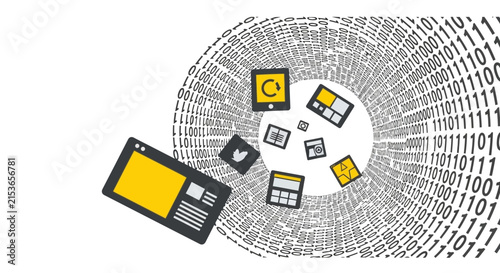 Digital Information Flow and Big Data Concept with Binary Code Tunnel and Mobile App Icons