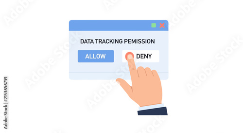 Hand clicking deny on a data tracking permission pop-up window, online privacy and security concept vector illustration