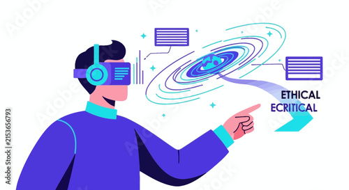 Man in VR Headset Exploring Metaverse Galaxy with Ethical Technology and Digital Data Interface Concept Vector Illustration