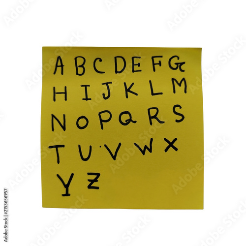 Colorful alphabet letters on yellow paper background isolated on transparent background