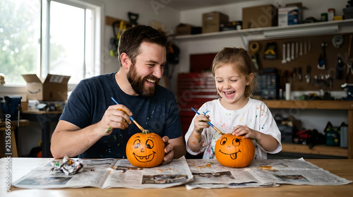 Father and young daughter sit at a workbench painting jack-o'-lantern faces onto small orange pumpkins for Halloween.