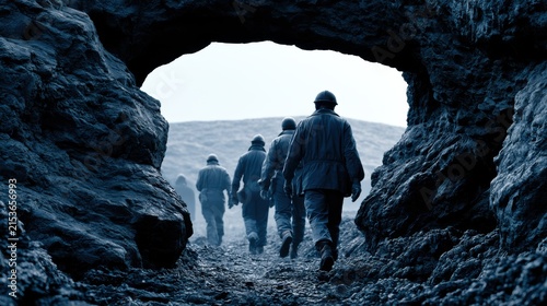 Obraz na płótnie Miners walking through a dark, rocky coal mine tunnel, showcasing teamwork, industry, and the mining profession.